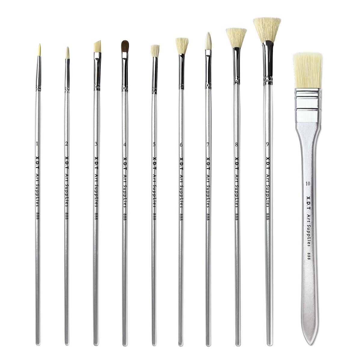 XDT#888-3 Assorted Art Brush Set 10Pc X-Long Handle Acrylic Oil Watercolor