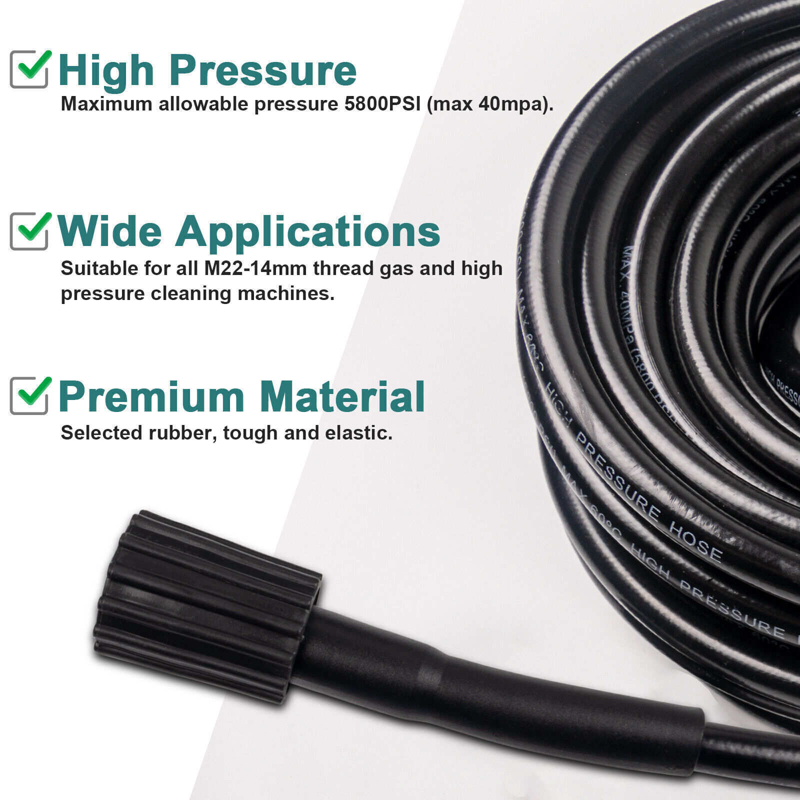 50 FT High Pressure Washer Hose 5800 PSI M22-14MM Power Washer Extension Hose US