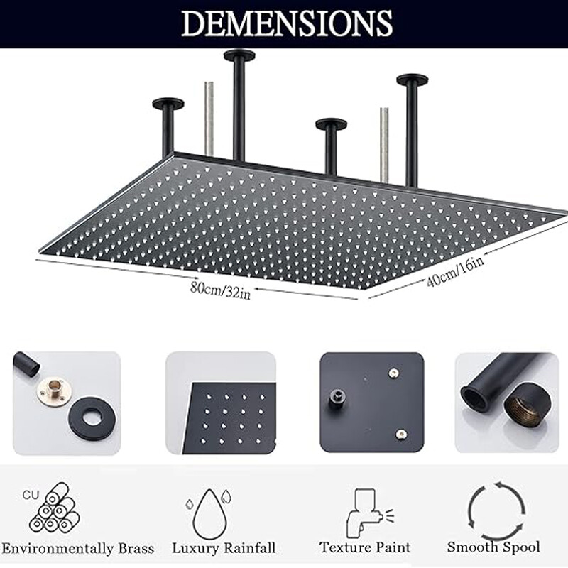 32x16" Large Rainfall High Pressure Luxury Shower Head Top Sprayer Ceiling Mount