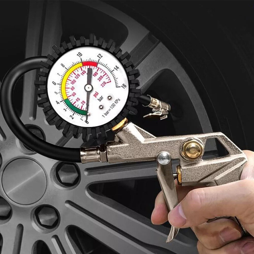 Tire Inflator Gauge Flexible Hose 220 PSI Pistol Style Air Chuck Pneumatic