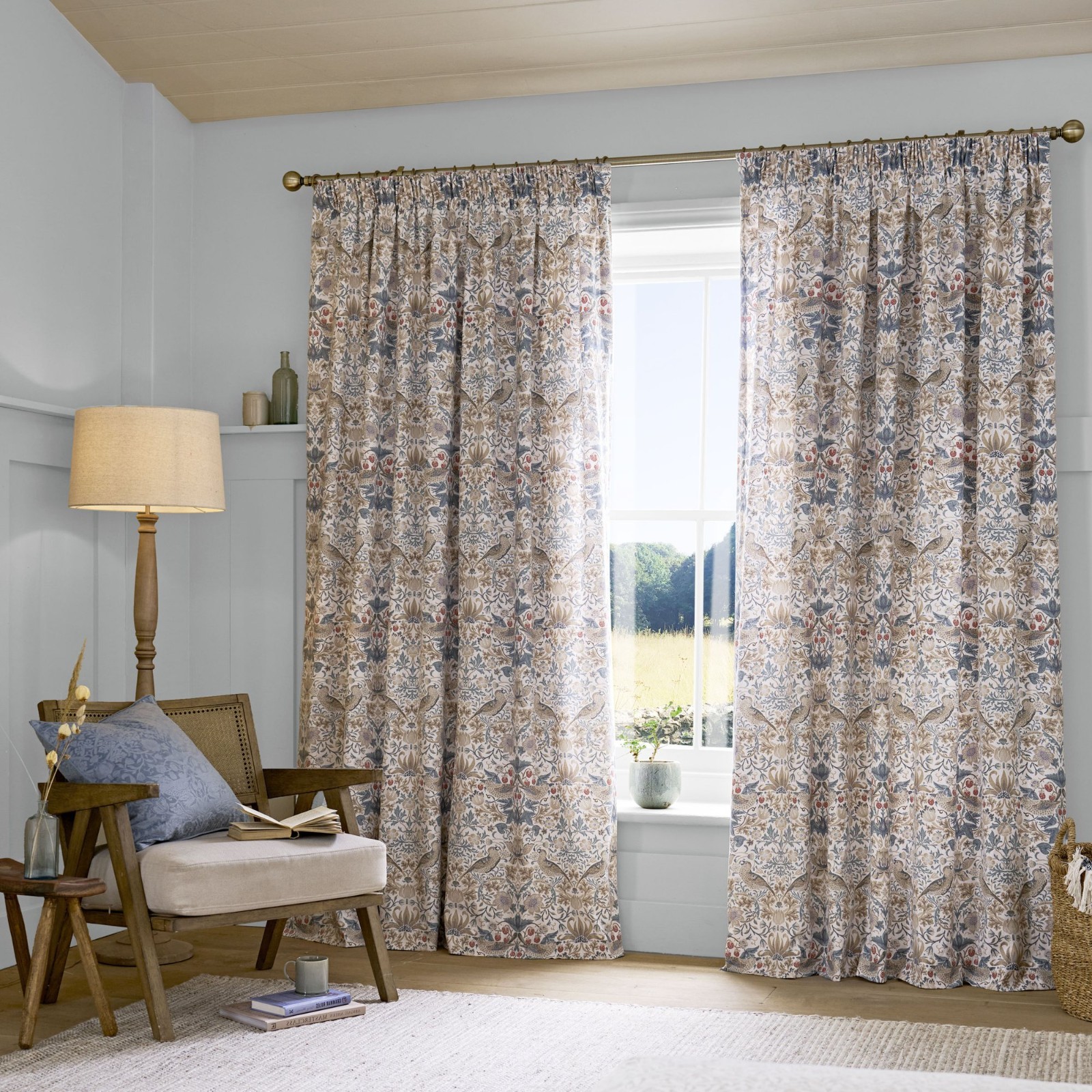 NEW William Morris 2pc BLACKOUT Strawberry Thief Hessian Window Curtain 50"x96"