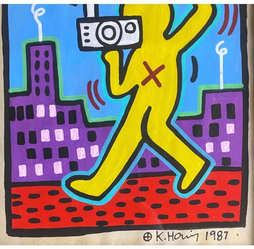 Keith Haring Drawing on Vintage Unique Paper SIGNED NYC
