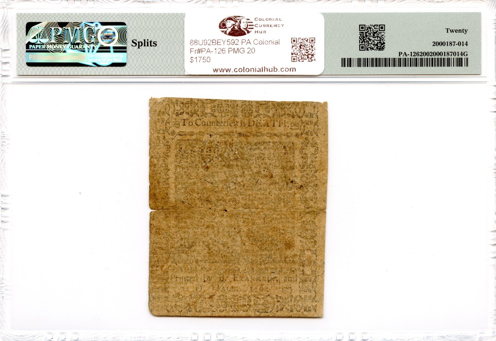 Pennsylvania Colonial Note Fr#PA-126 June 18, 1764 20s PMG VF-20 *Ben Franklin*