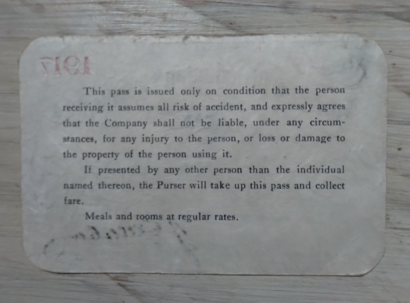 1917 Norfolk & Washington (N&W) Steamboat Co Pass #525 B.H. Billman