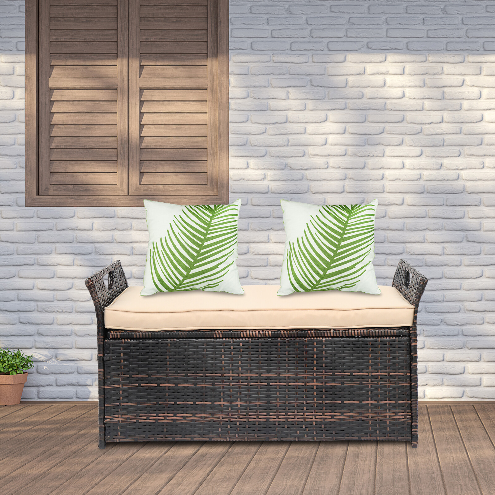 Outdoor Storage Bench Rattan Storage Box Patio Wicker Deck Box with Seat Cushion