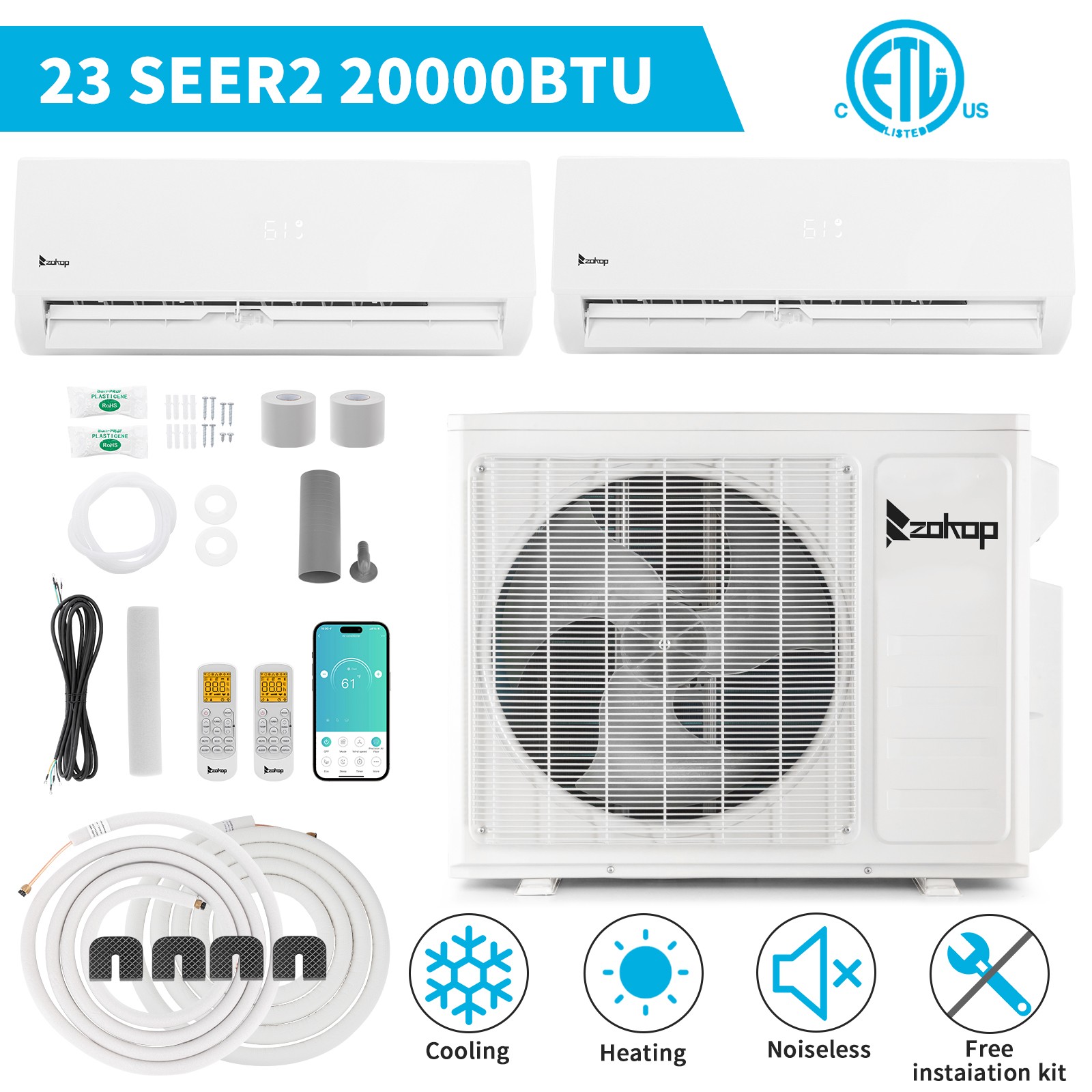 20000 BTU Dual Zone Ductless Mini Split Air Conditioner w/Heat 2x9000BTU 23 SEER