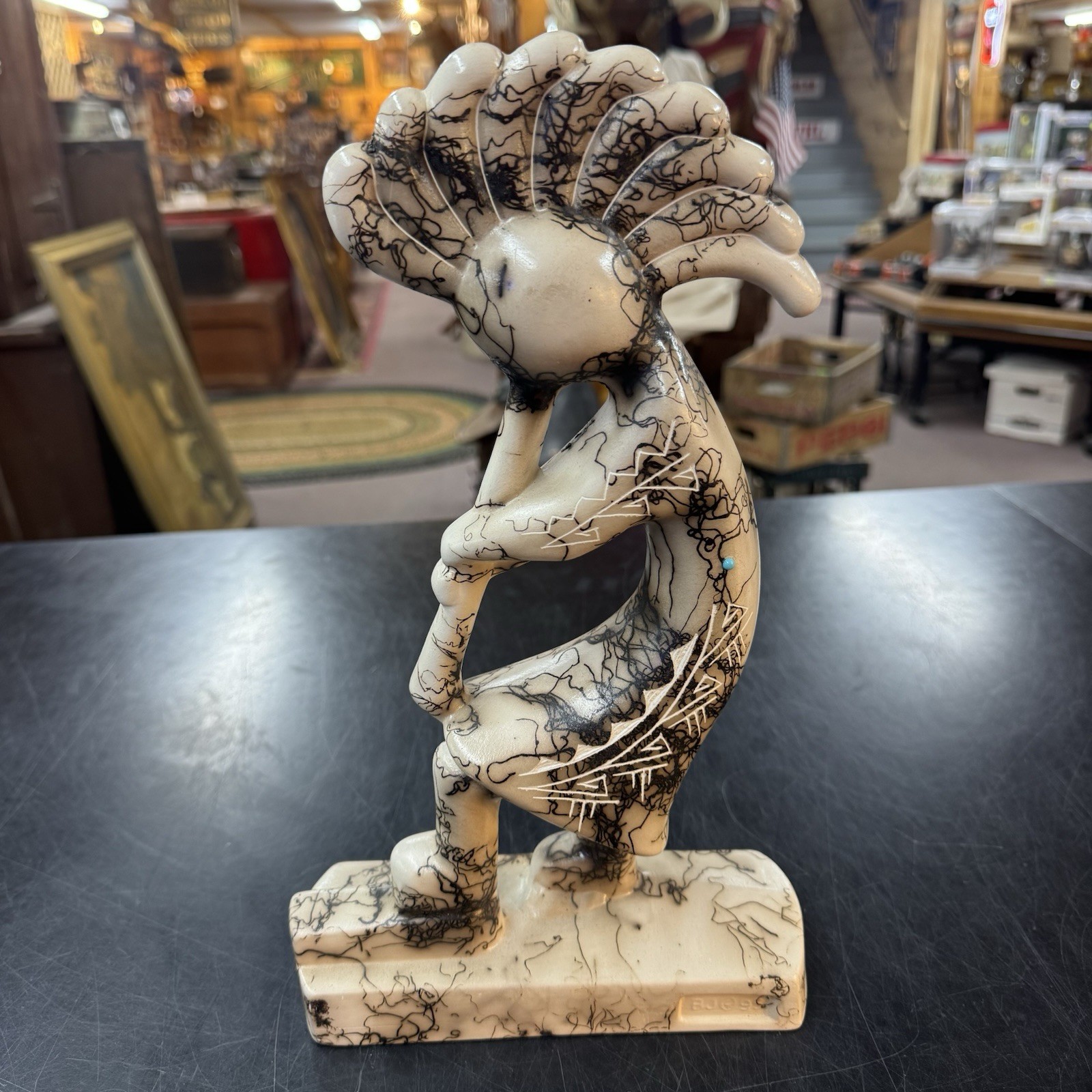 Native American Pottery Horse Hair Kokopelli Sculpture by Vail