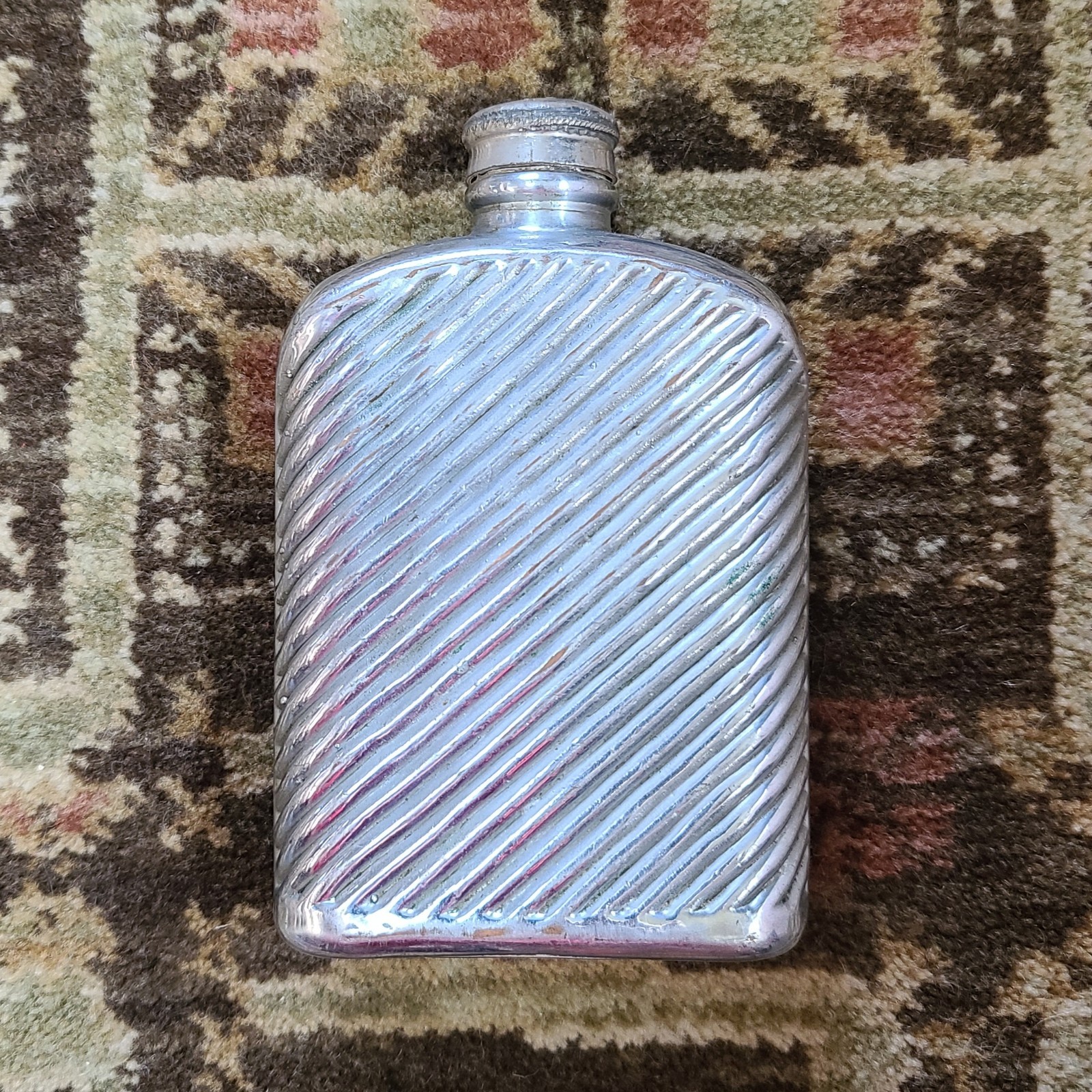 Antique Silver & Copper Plated Glass Ribbed Hip Flask 5-3/8" Tall Vintage