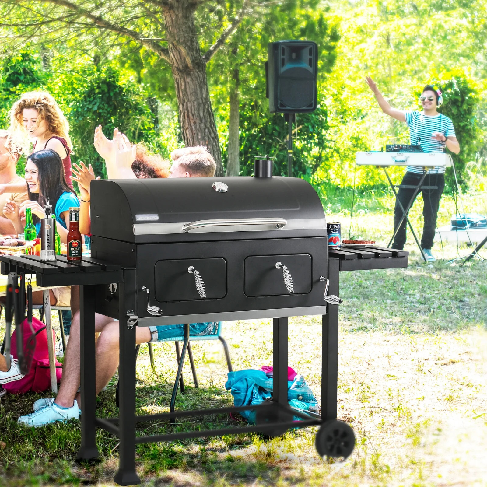 Heavy Duty Charcoal Grill Oversize Cooking Area Outdoor BBQ Grill with 2 Trays