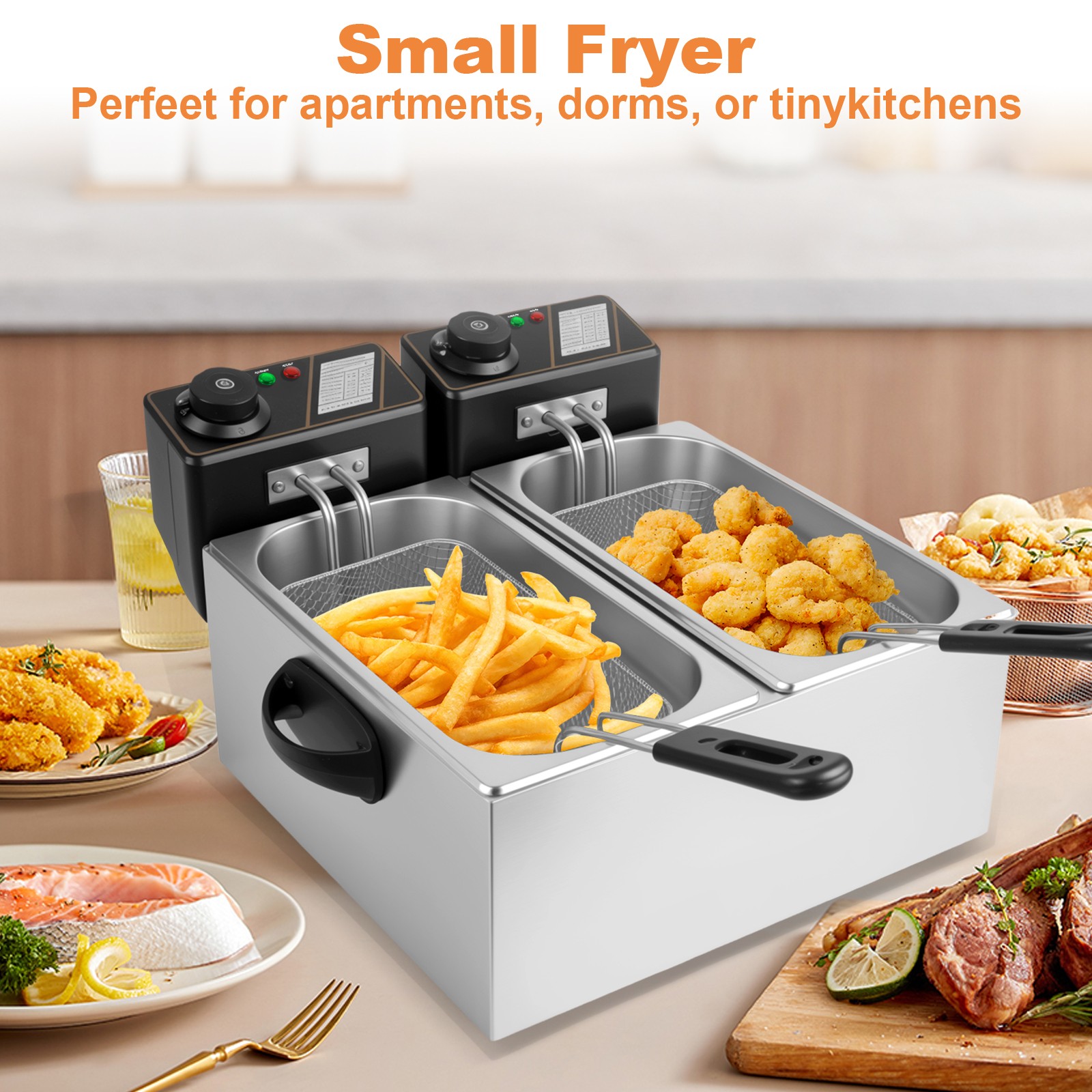 8L Electric Deep Fryer Dual Tank Commercial Restaurant Countertop 5000W With Lid