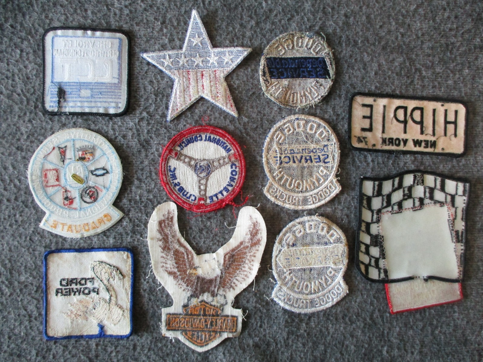 VINTAGE AUTOMOTIVE PATCHES (12)-FORD COBRA HARLEY-DAVIDSON CHEVY DODGE PLYMOUTH