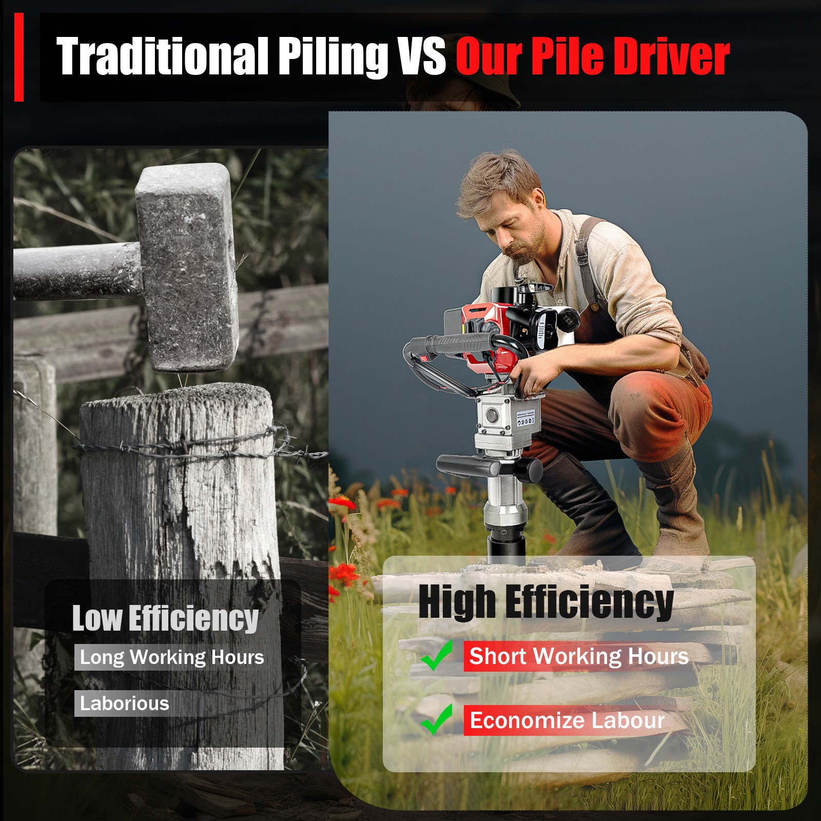 Portable 32cc Gas Powered T-Post Driver 2 Stroke Pole Pounder Pile Driver Hammer