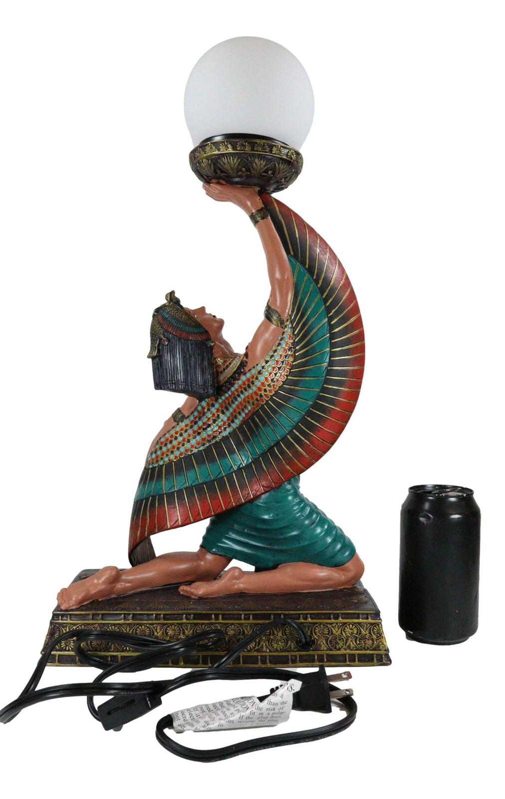 Egyptian Winged Goddess Isis Dancing Side Table Glass Orb Sphere Lamp Statue