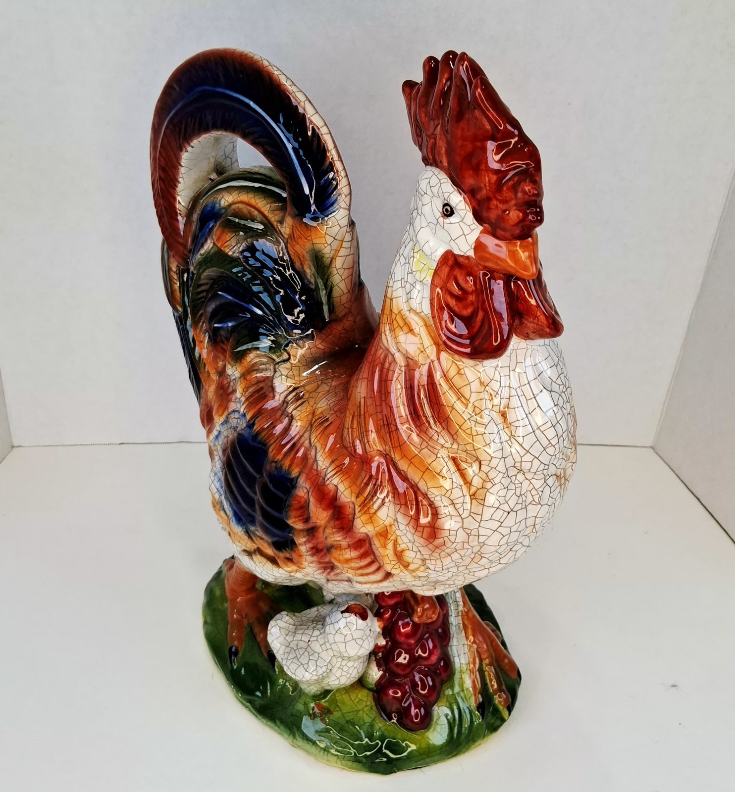 Vtg Italian Ceramic Rooster w/2 Chicks Large Handpainted