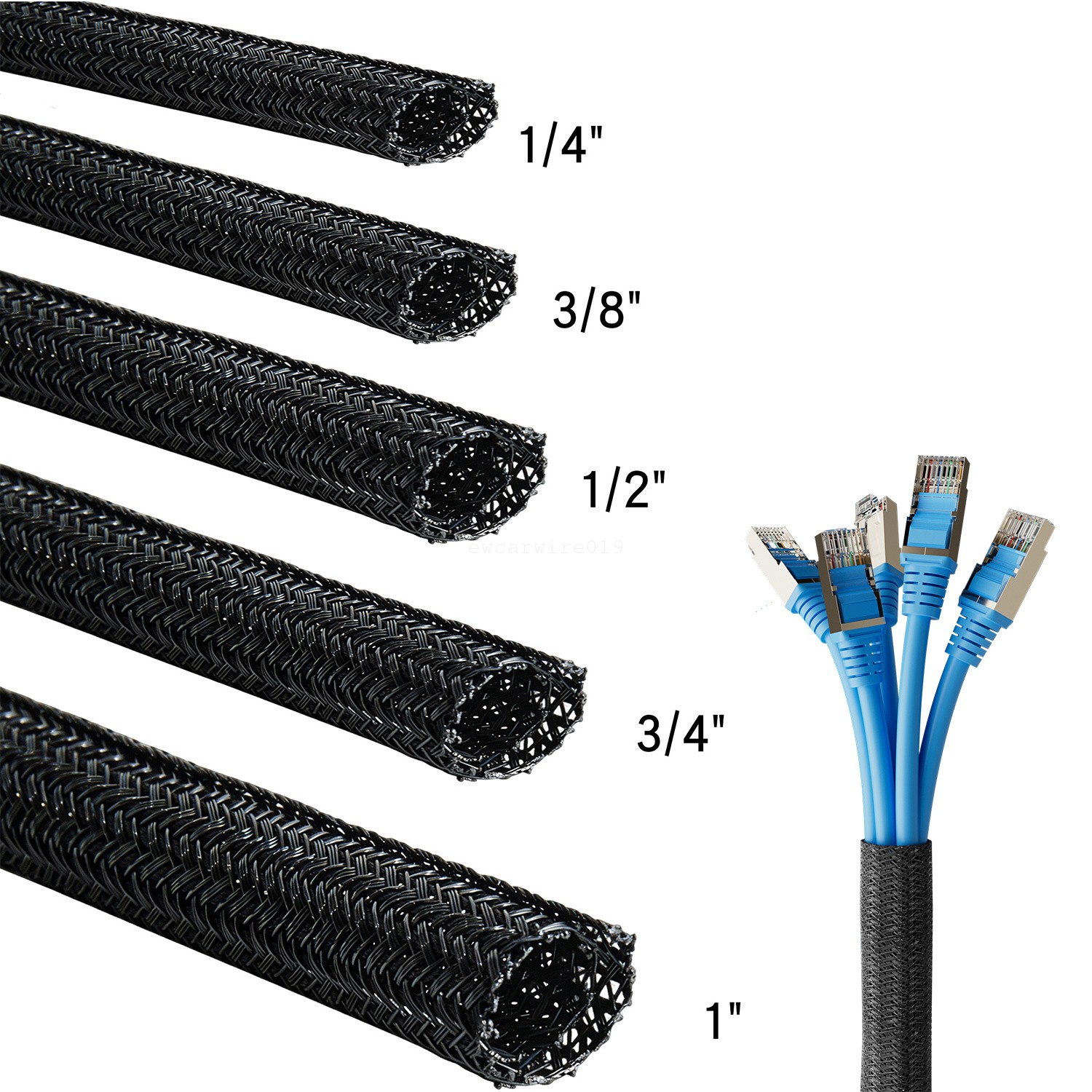 10FT Split Braided Cable Sleeve  Self Wrap Wire Loom Cord Management Protector