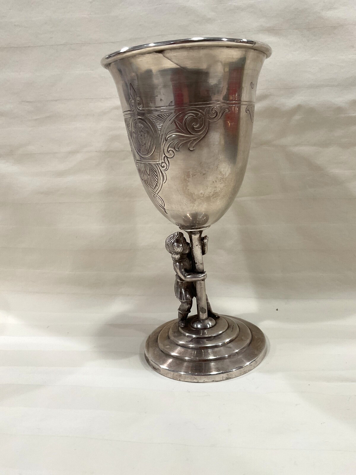 Antique Art Nouveau Silver Plate Goblet Webster Mfg Co Boy Figure Etched Liggett