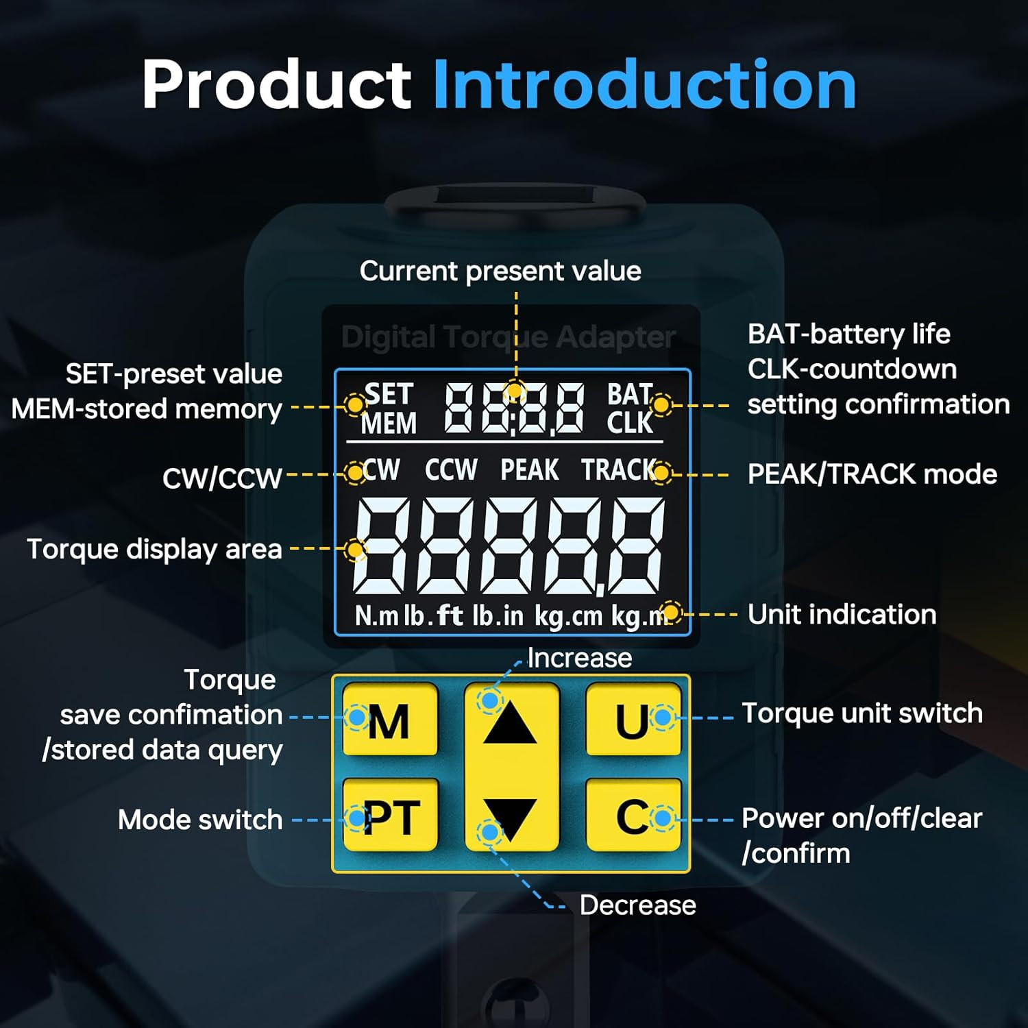 1/2" Digital Torque Adapter, (±1% Accuracy, 7.4-150Ft-Lb) Digital Torque Wrench