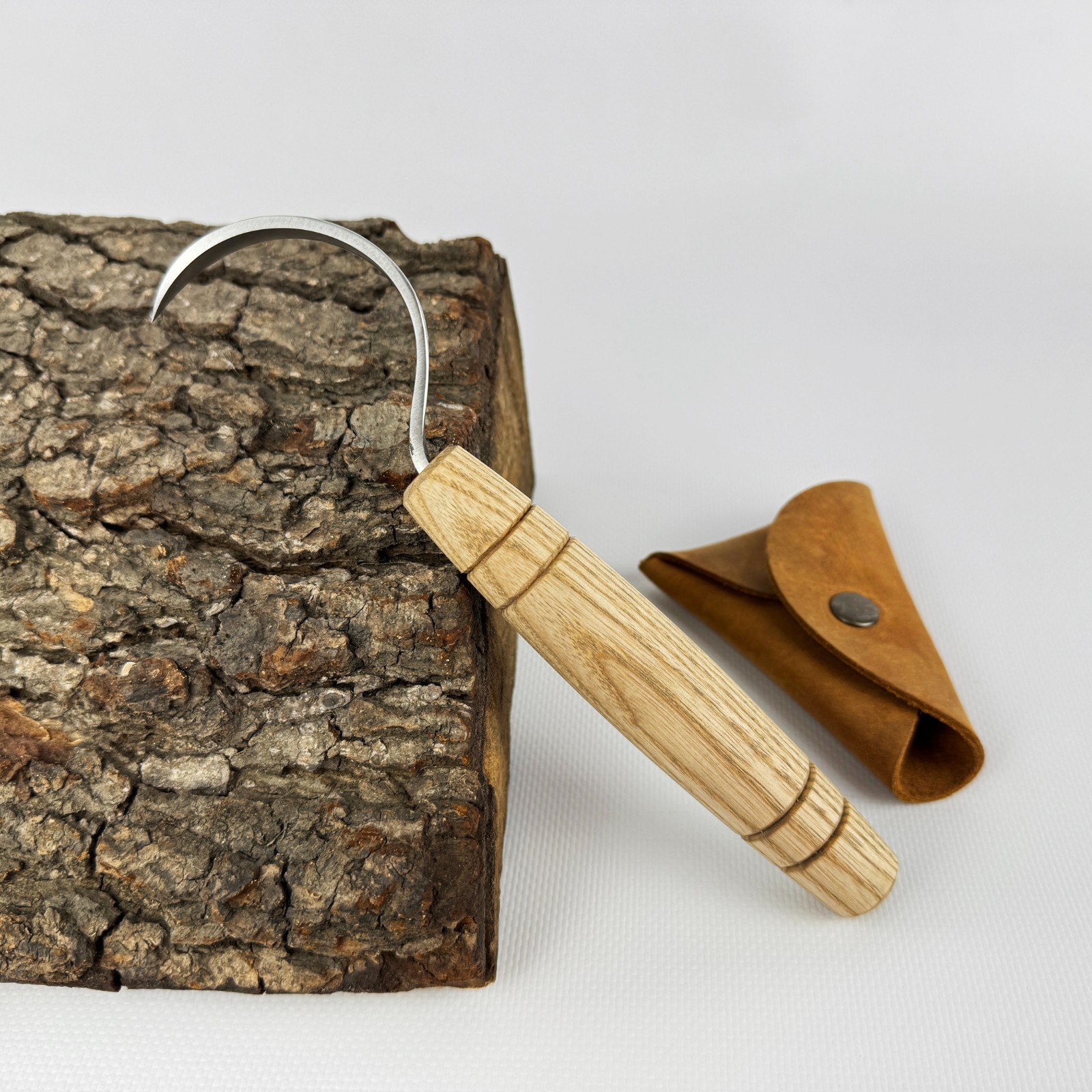 Hand-Forged Hook Knife – 52100 Steel Blade, Ash Handle, With Leather Sheath