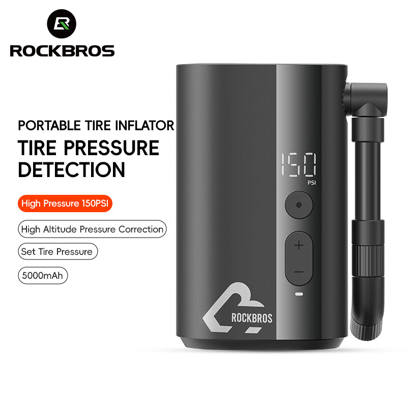 ROCKBRS Electric Bike Tire Pump 150PSI Mini Air Inflator Portable 5000mAh Type-C