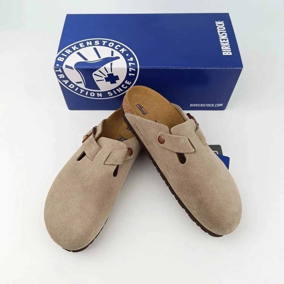 Birkenstock Boston Taupe Suede Leather Soft Footbed Unisex Clog Shoes
