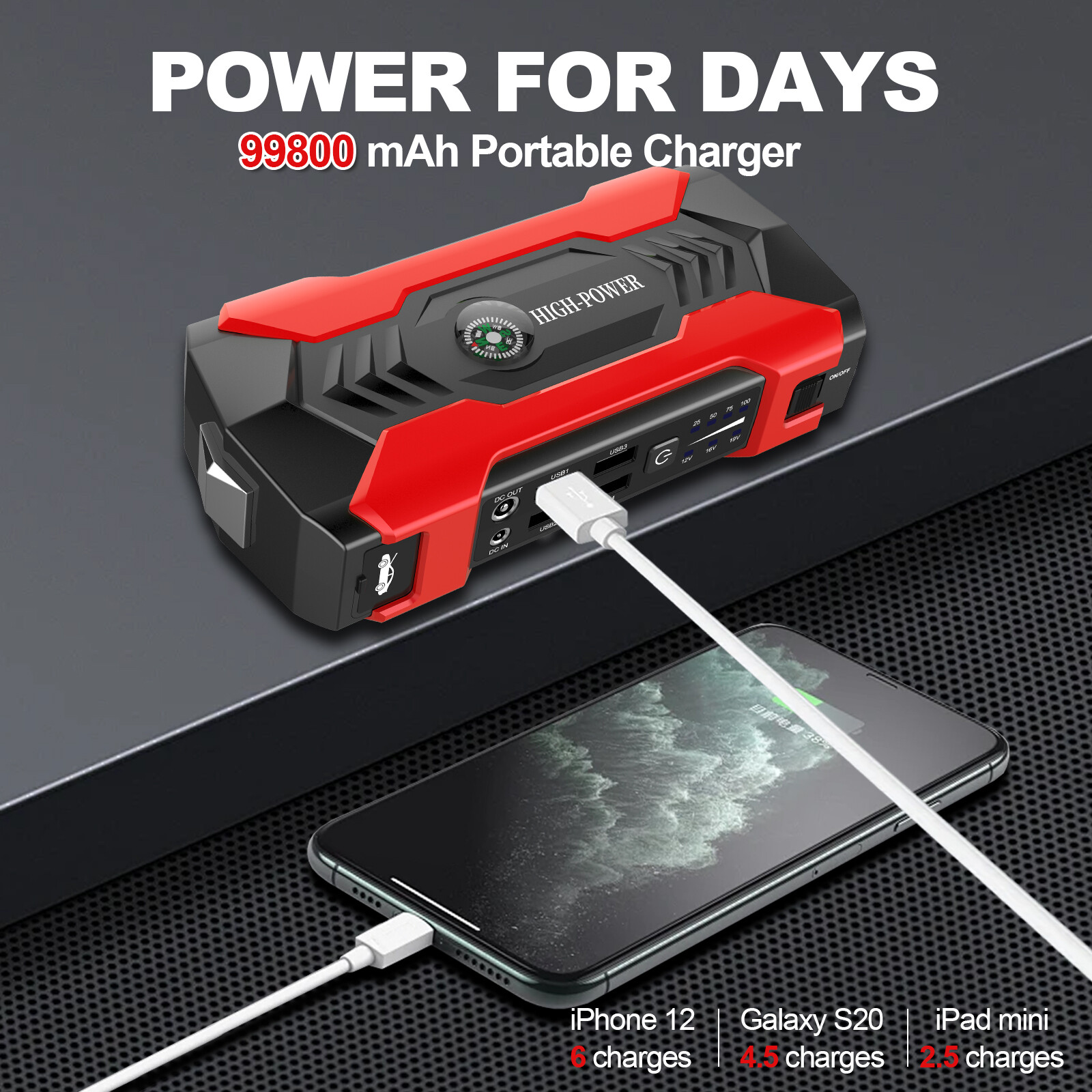 100000mAh Car Jump Starter Booster Jumper Box Power Bank Battery Charger