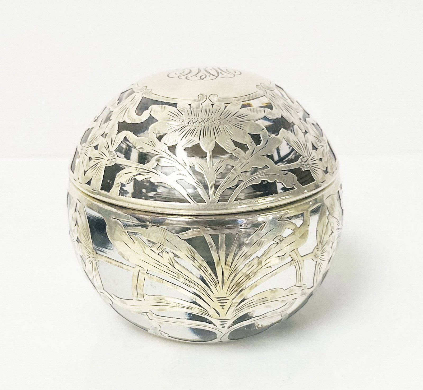 Antique Sterling Silver Overlay Art Nouveau Floral Ball Inkwell Monogram 3.5"