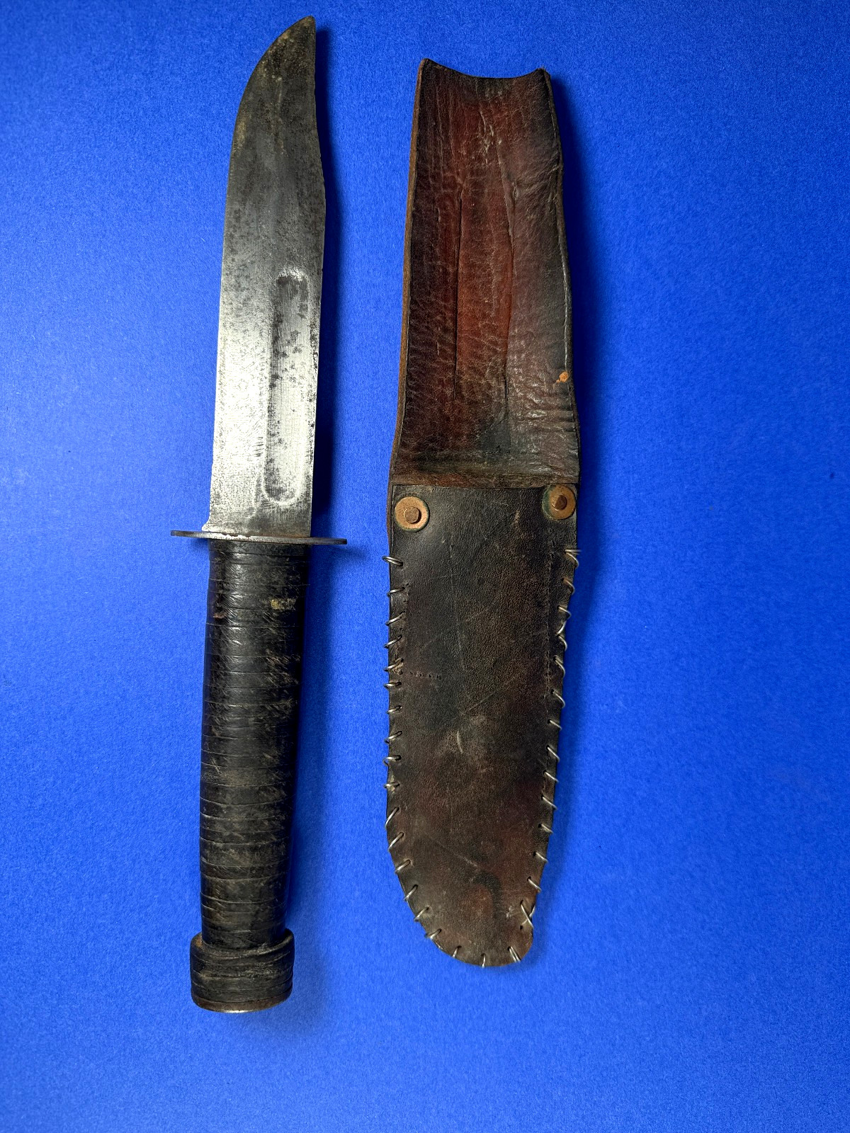 VTG WW2 ERA PERSONAL 12" FIGHTING KNIFE SANSSOUCI DR FRANCE W/ LEATHER SHEATH