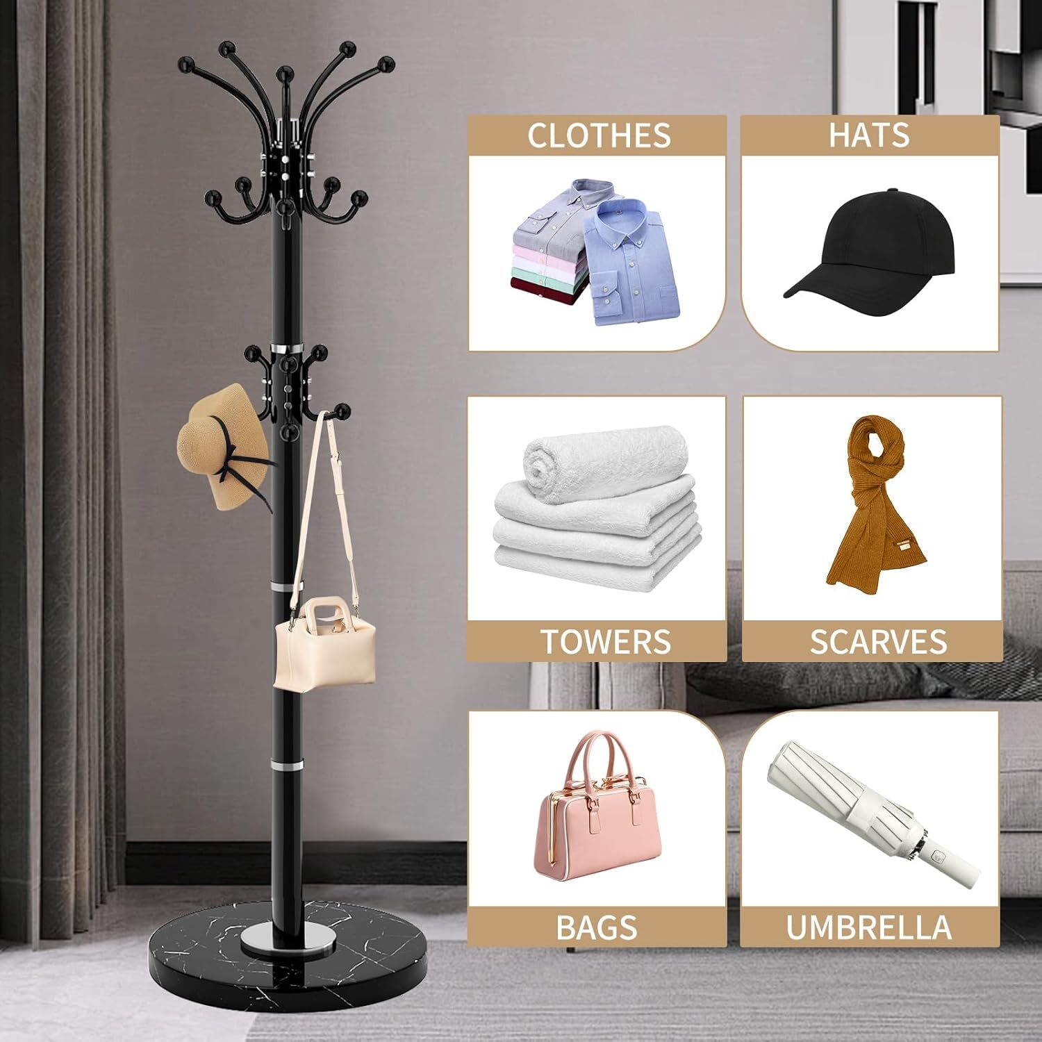 Metal Heavy Duty Coat Rack Stand with Natural Marble Base Modern Coat Rack