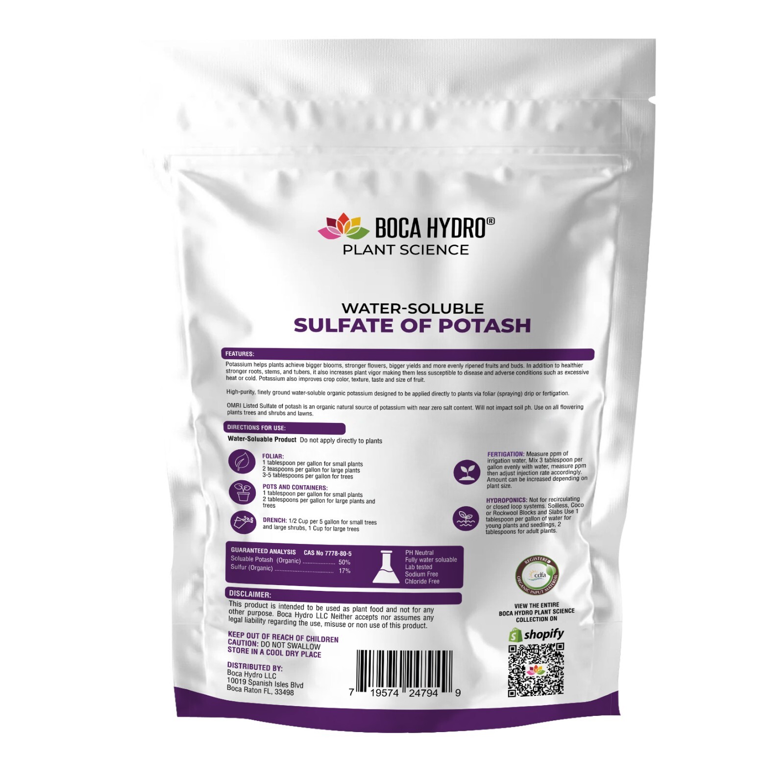 Boca Hydro Organic Sulfate of Potash Water Soluable Nutrient Fertilizer 0-0-50