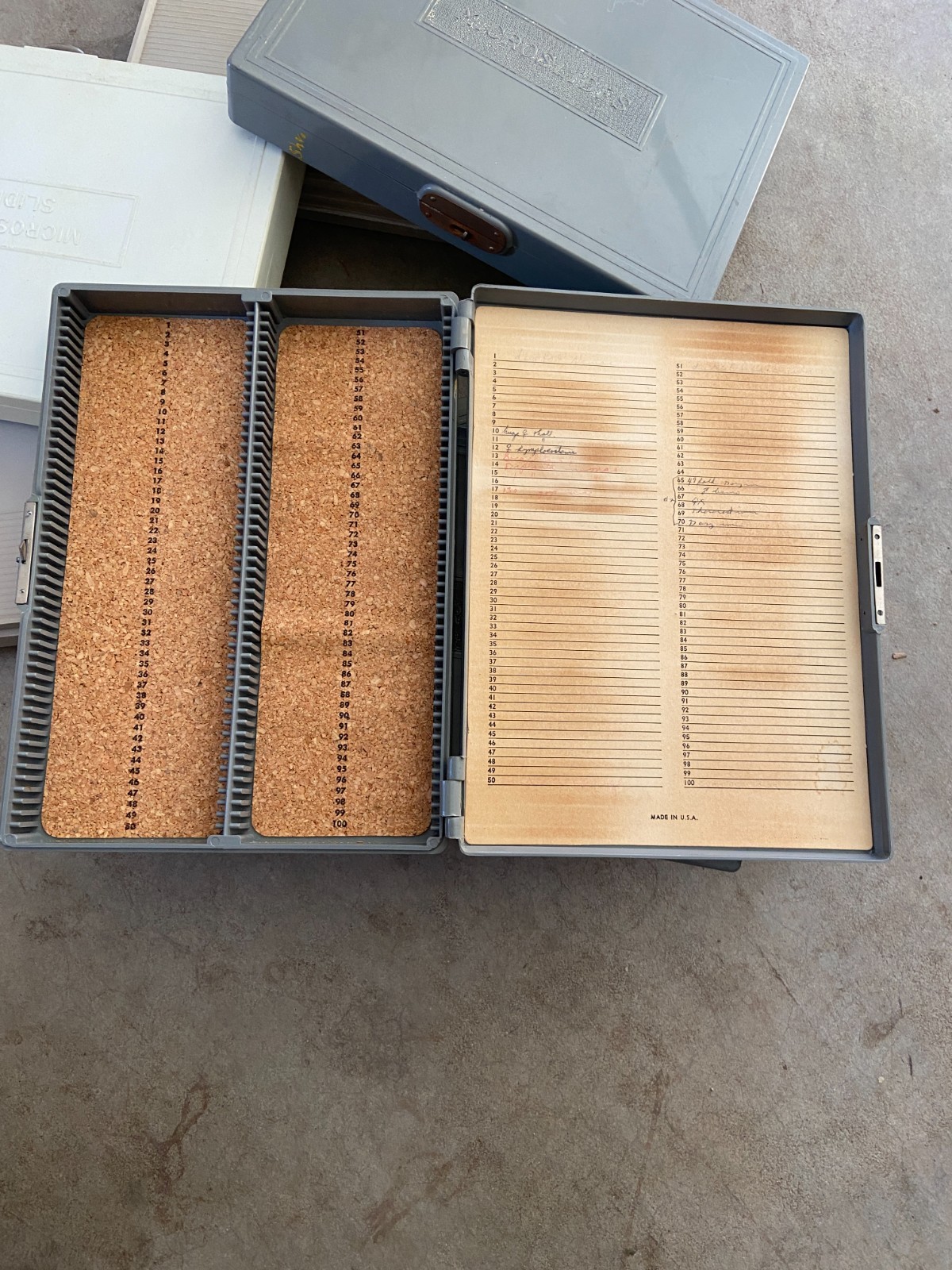 Vintage Gray Plastic Microscope Slide Storage Box holds 100 Glass Slides - Qty 7