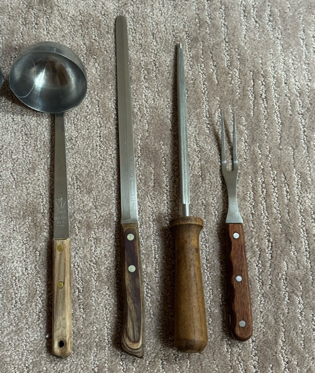 Lot 12 Utensils w/ Wooden Handles Stainless Helco Flint Blue Ribbon Japan USA