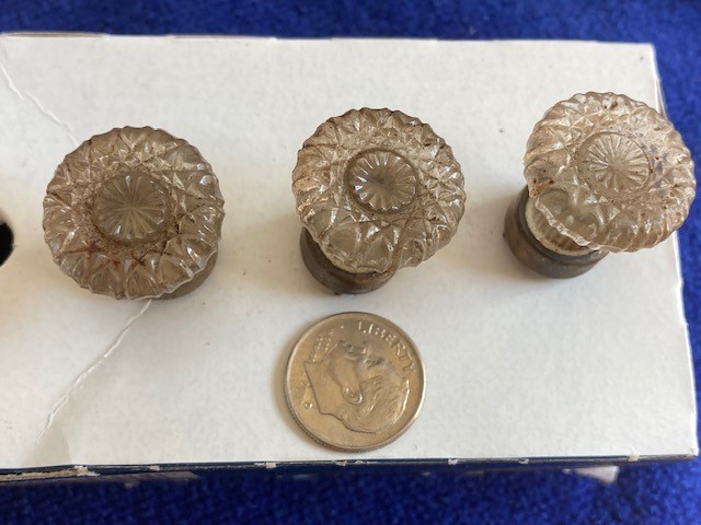 3 Small Vintage Pressed Glass & Brass Drawer Cabinet Pulls Knobs