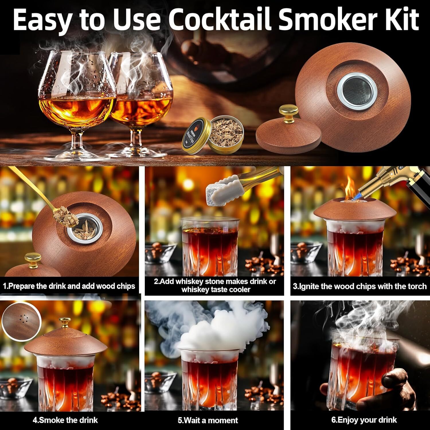 Cocktail Smoker Kit Whiskey Smoker Kit W/ Torch 8 Flavors Wood Chips for Whiskey