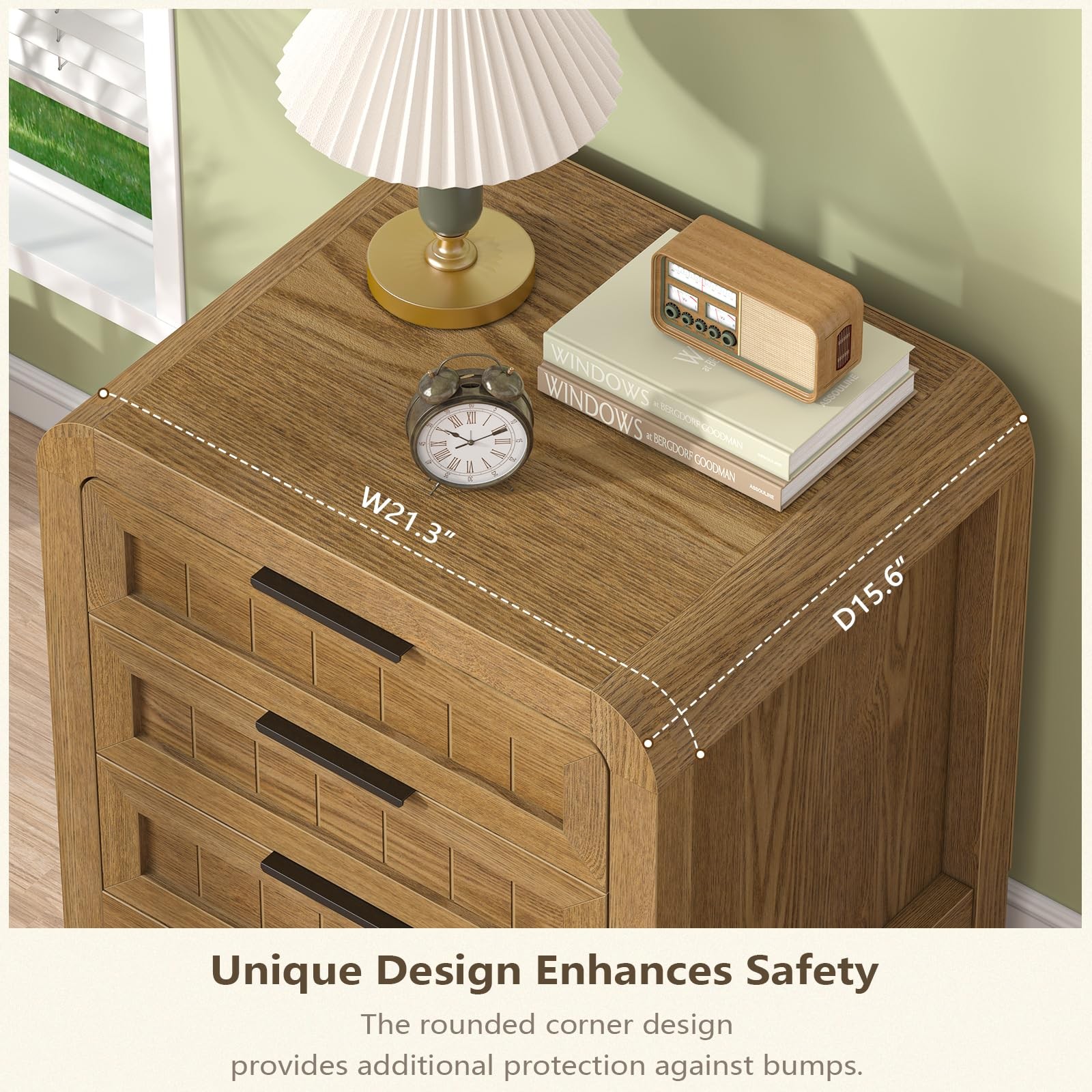 Curved NightStand Set of 2 with 3 Drawer 21" Solid Wood Nightstand