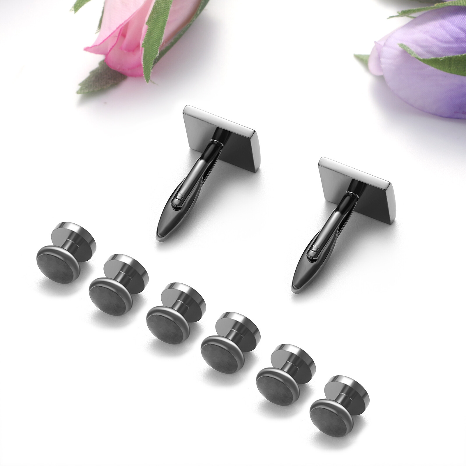 8pcs Men Carbon Fiber Tuxedo Cufflinks Shirt Wedding Buttons Cuff Links Stud Set