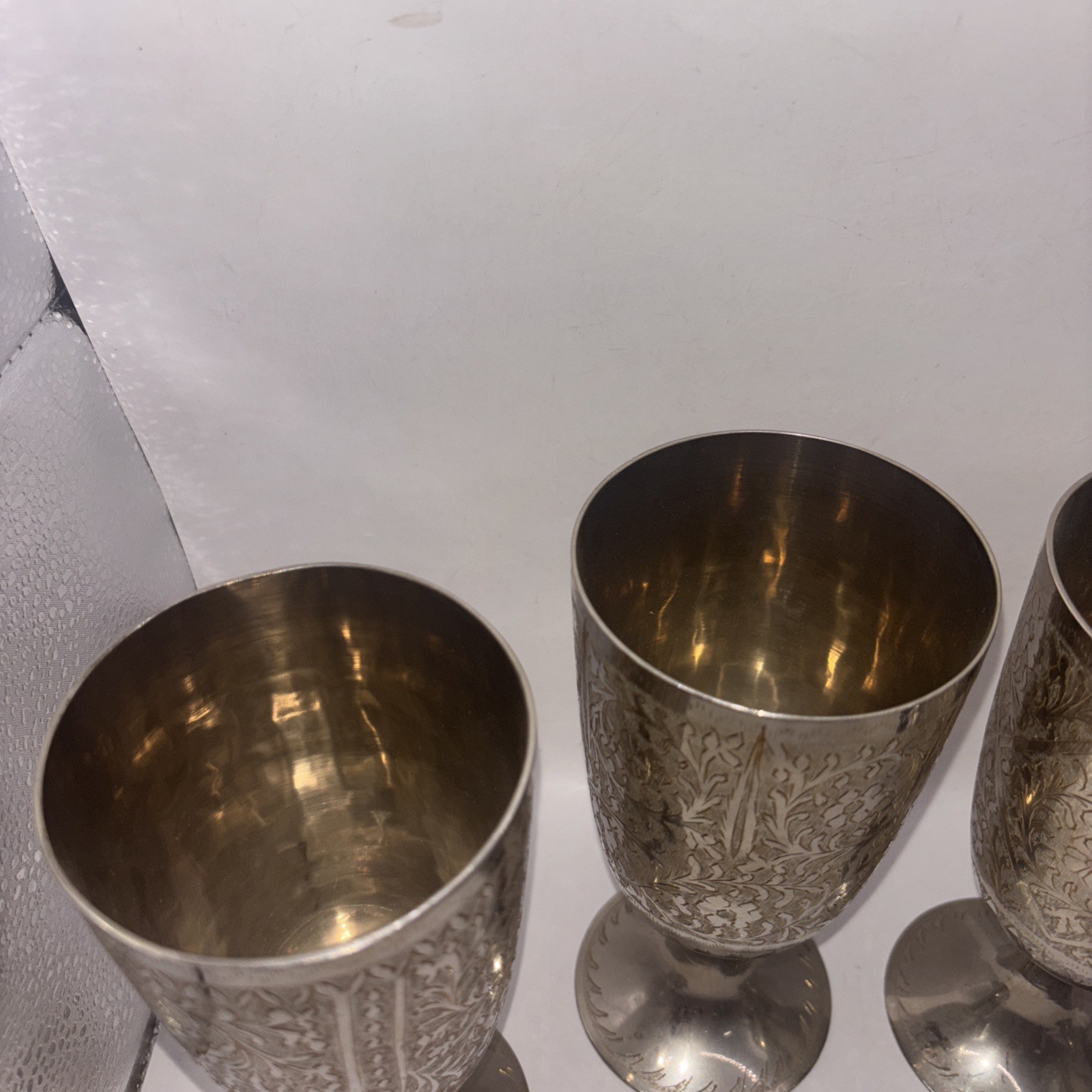4 ZY India Modern Vine Heavy Wine Goblet Silver Plated 7” Etched Engraved