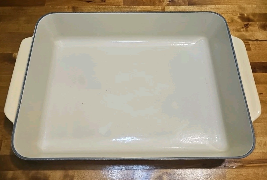 Vintage Cousances France Beige Enameled Cast Iron Roasting Pan 14" x 10"