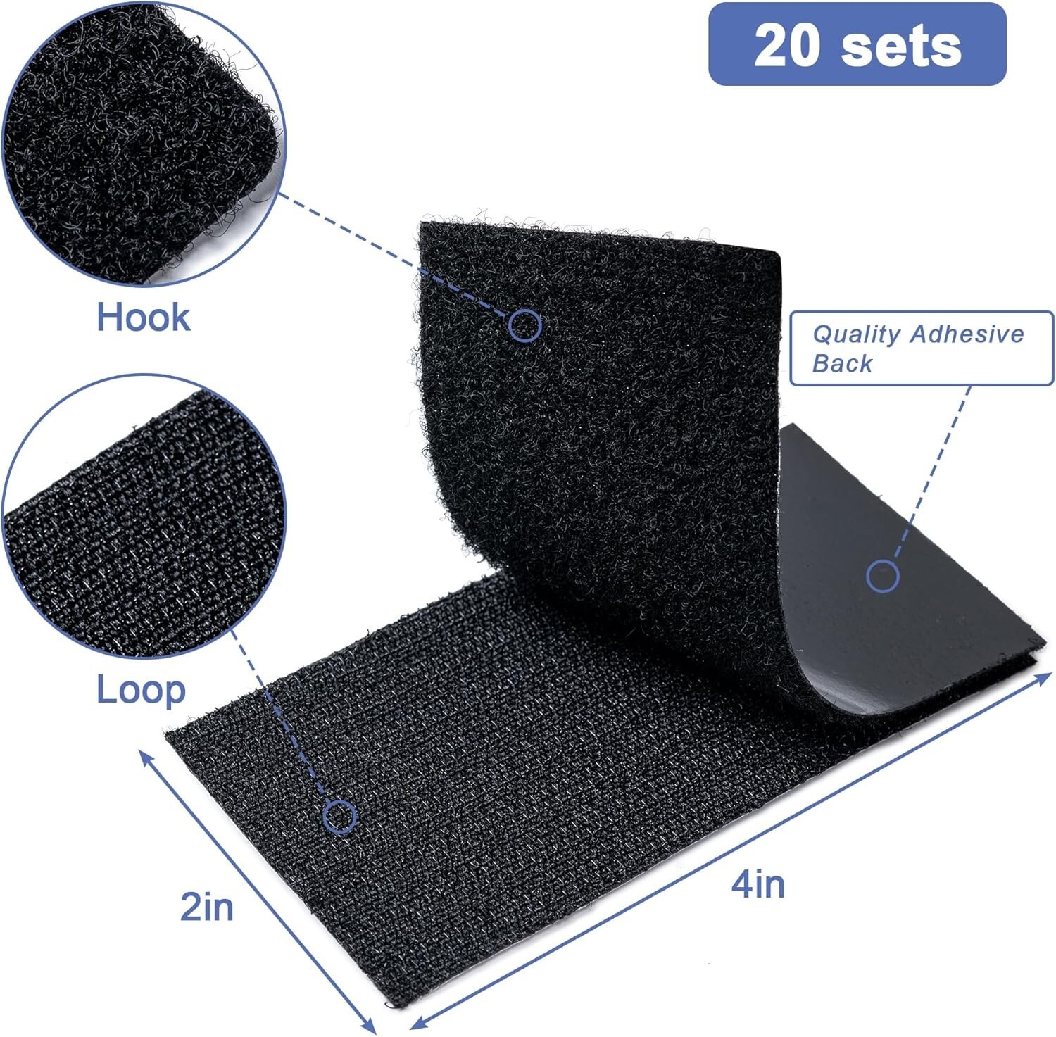 16/20 Sets Heavy Duty Hook & Loop Adhesive Strips: Sticky Back Fastener 2x4”