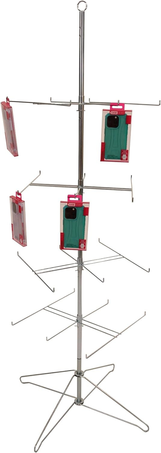 Wire Spinner Rack 4 Tier 24 Peg Rotating Chrome Floor Stand Capacity 50 lb 63 ½"