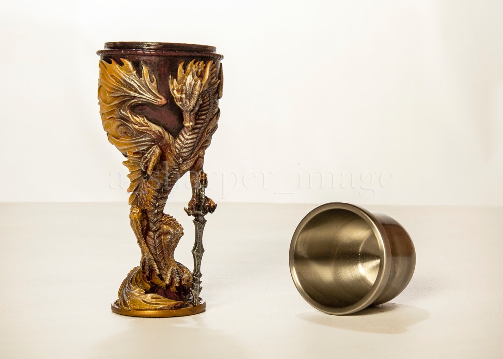 Fierce Guardian 'Flame' Dragon + Sword Wine Goblet, Gothic Fantasy Sculpture