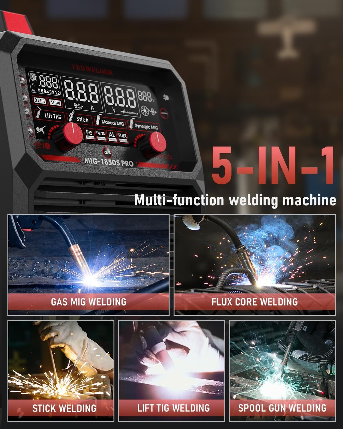 185A, 5 in 1 Aluminum Welding Machine, Control 110V/220V Dual Voltage