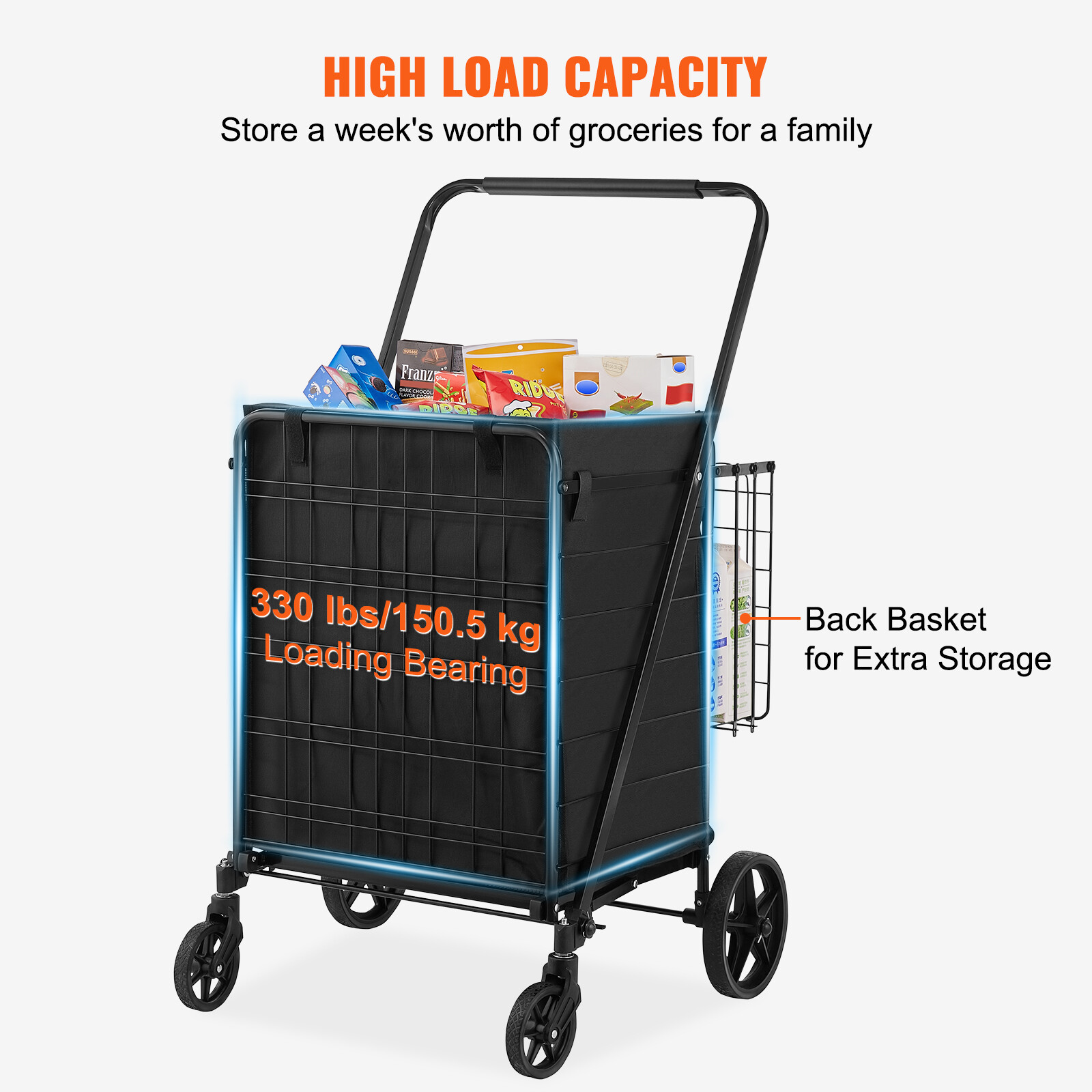 Folding Shopping Cart Rolling Grocery Cart with Double Baskets 330 LBS Shop