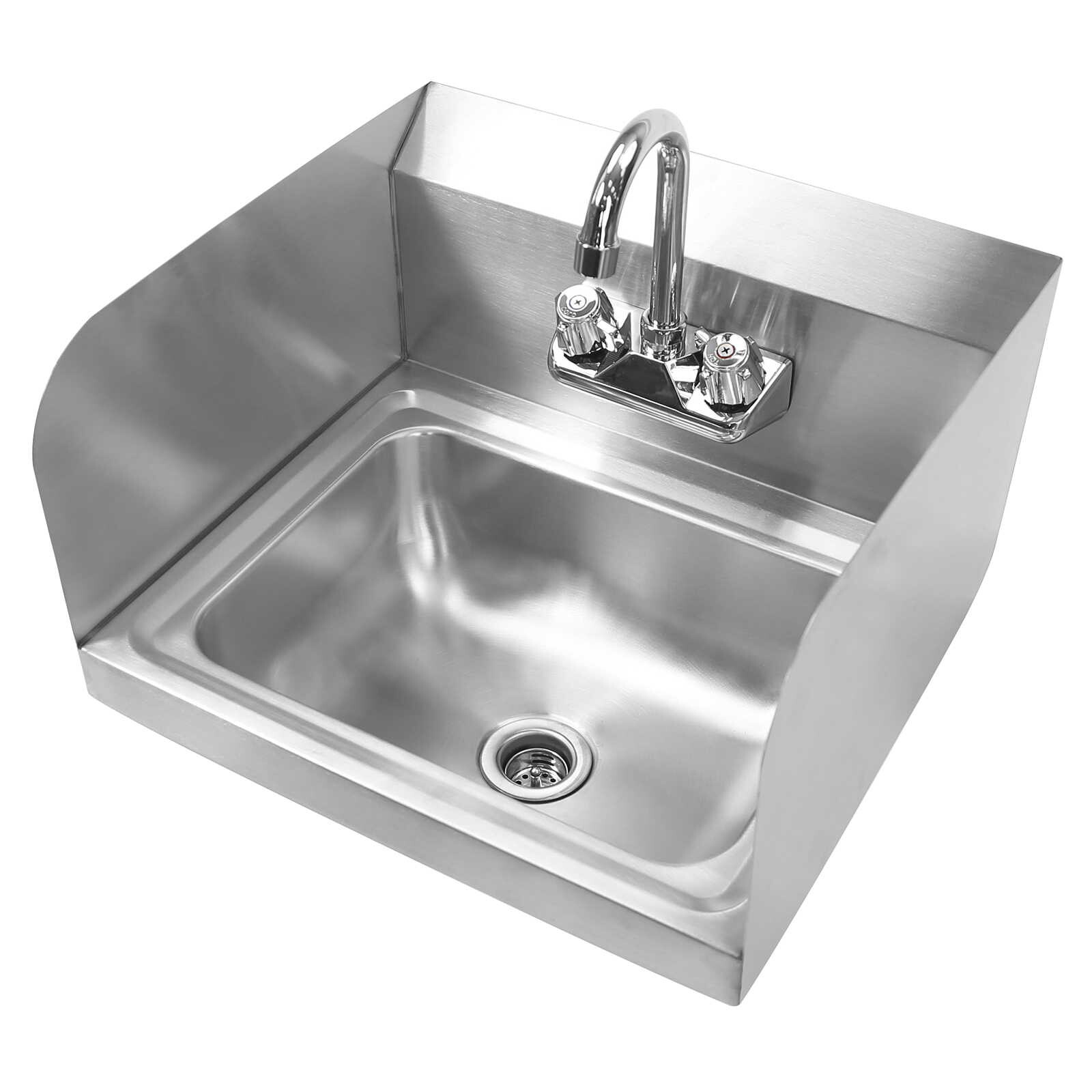 Wall Mount Hand Wash Sink - Commercial Kitchen Stainless Steel w Side Splashes