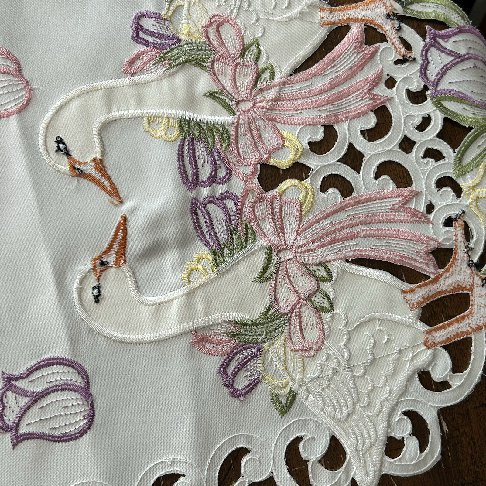 Spring Table Runner 68” Geese Embroidered Tulips Outwork Pink Bows