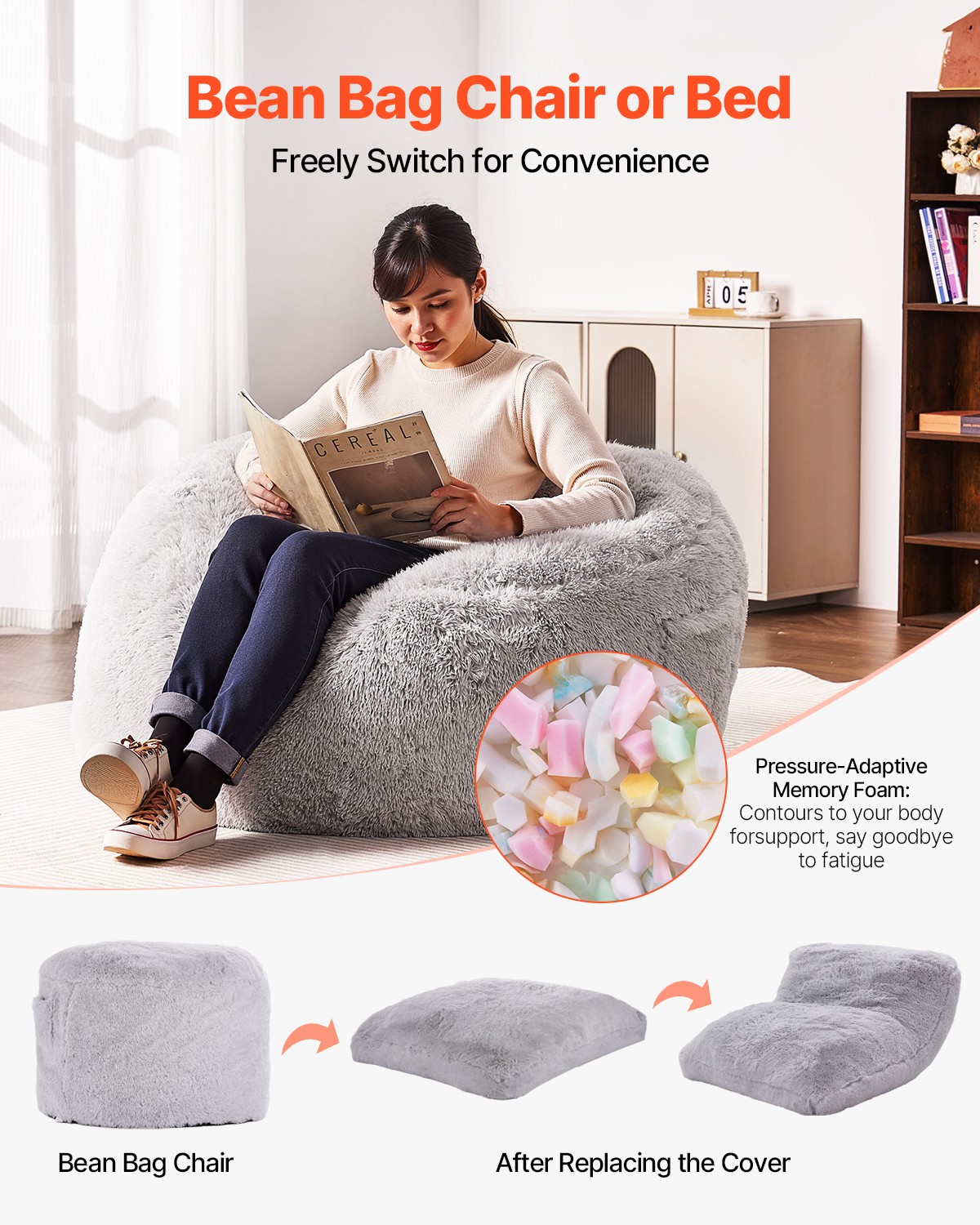 VEVOR Bean Bag Bed Chair Convertible from Chair to Lounge or Mattress Grey-Queen