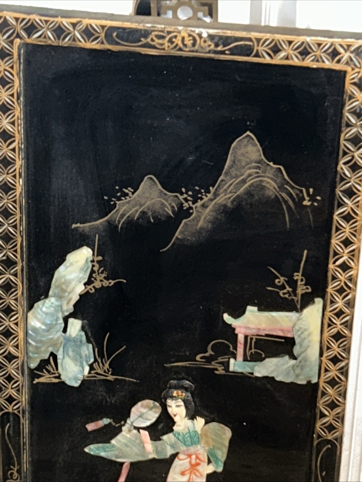 3 Vintage Laquered Asian With Mother of Pearl Panels 12”x 36” 2 Sets Available