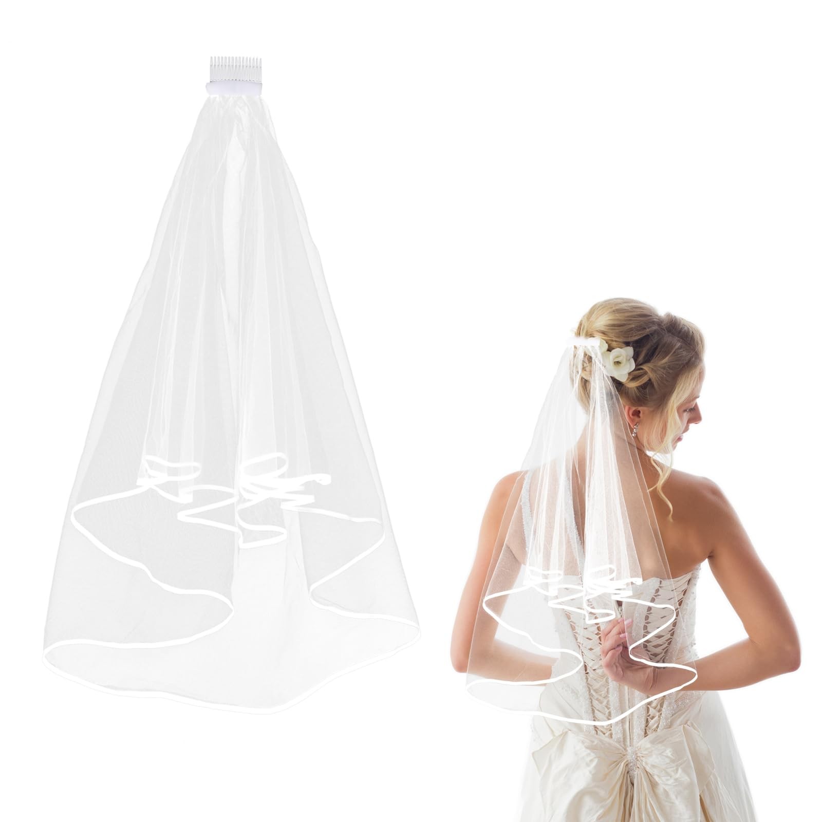 Short Wedding Bridal Veil with Comb, 2 Tier Tulle Bride Veil Elbow Length Wed...