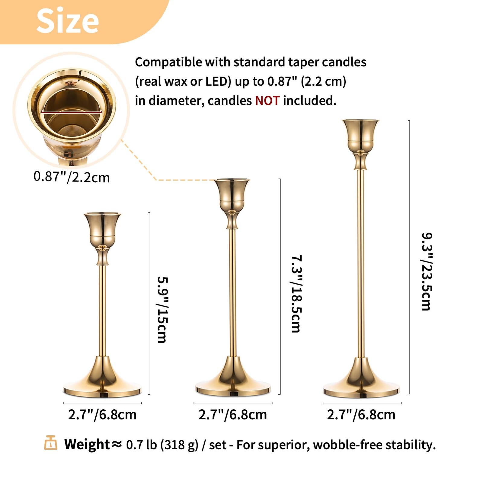 2 Sets(6 Pcs) Brass Gold Metal Taper Candle Holders 2 sets (6 pcs),