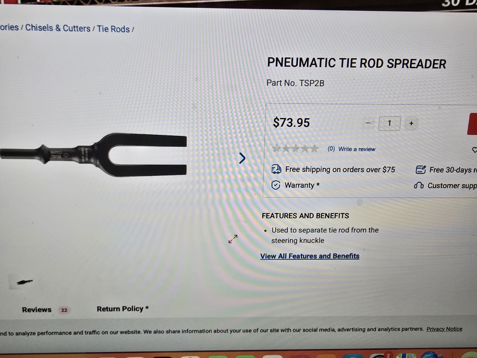 New Matco Tools TSP2B Air Hammer Tie Rod / Ball Joint Separator Bit - Pneumatic