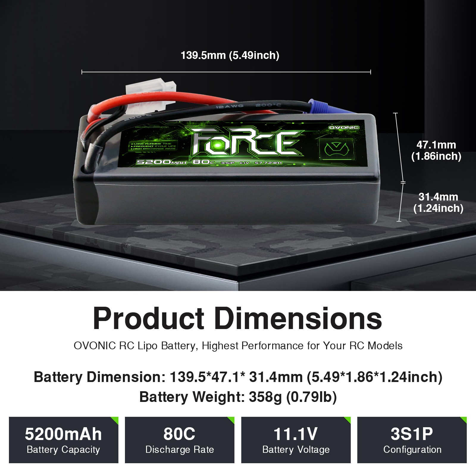 2X Ovonic Force 5200mAh 80C 11.1V Hardcase 3S LiPo Battery EC5 For 1/10 RC Car